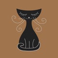 Cartoon vector cat. Black cat sits with closed eyes. The black cat smiles. Vector flat illustration.